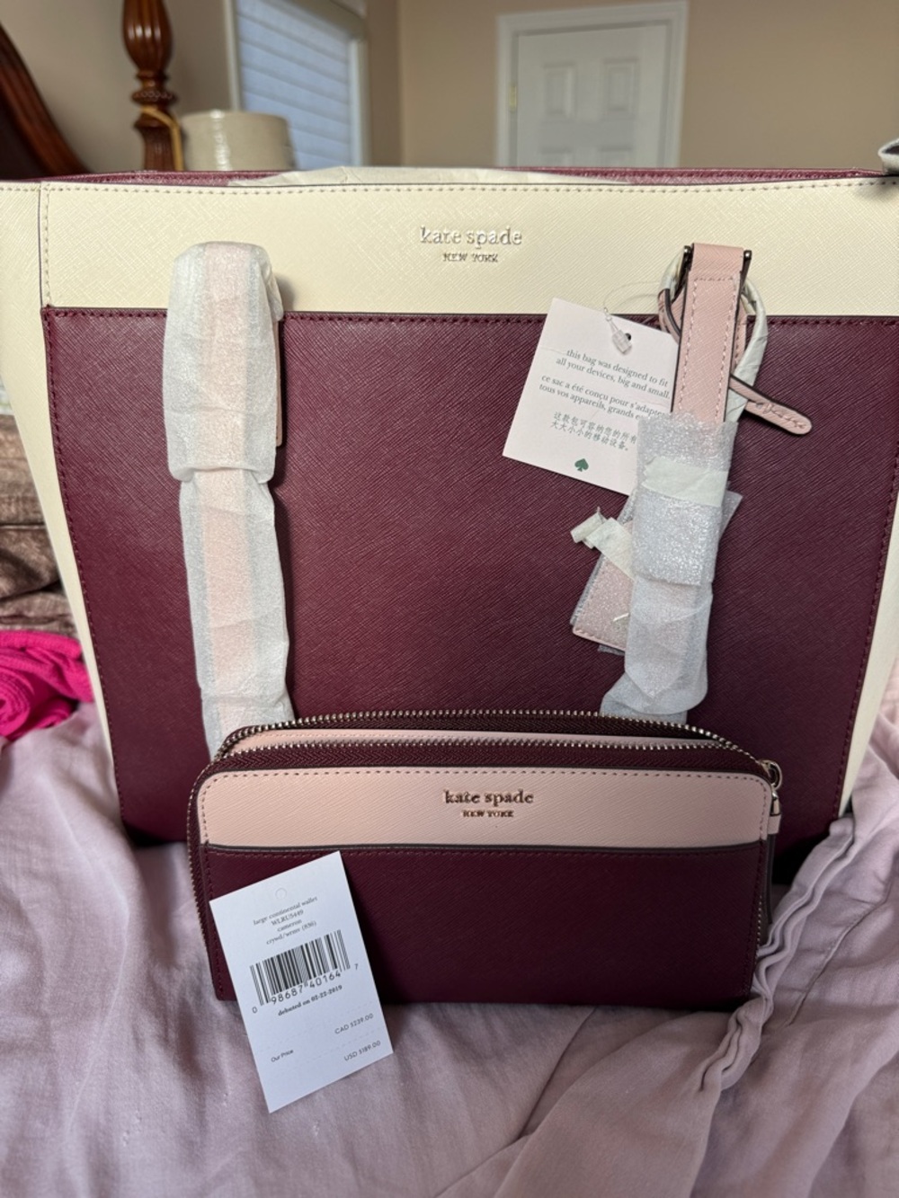 kate spade Two-Tone Burgundy, Pale Pink & Cream Structured Tote with Wristlet